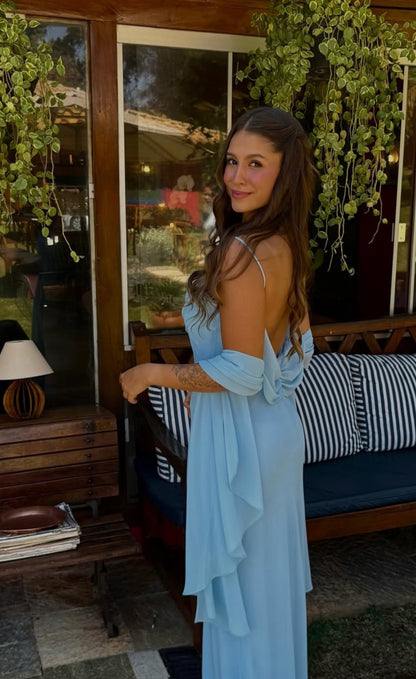 Robe de bal longue en mousseline de soie bleue à bretelles spaghetti, robe d'invitée de mariage J7968