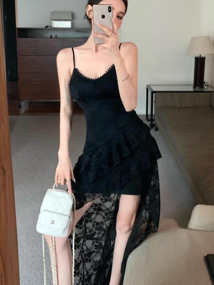 Black Irregular Lace Dress  Ruffled Spaghetti Straps Dress L38