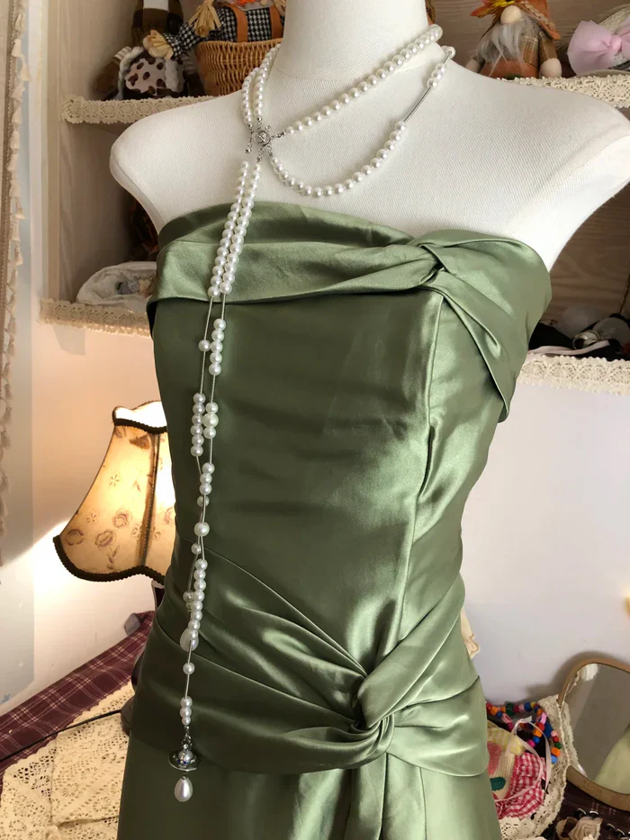 Strapless Green Satin Long Prom Dress Vintage Birthday Party Dress J8265