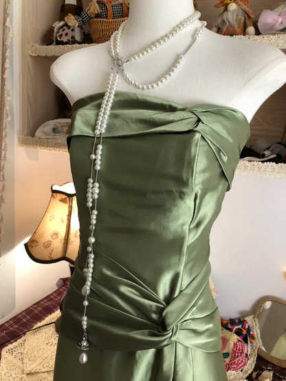 Strapless Green Satin Long Prom Dress Vintage Birthday Party Dress J8265