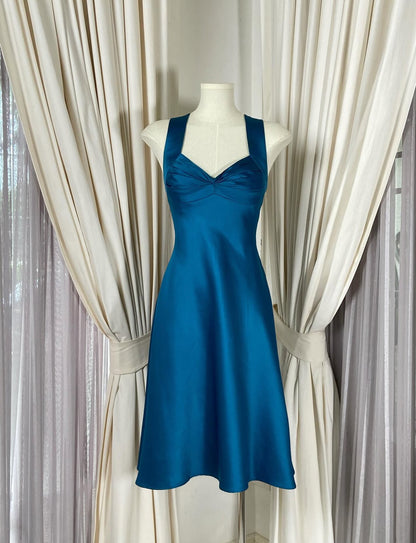 A Line Blue Satin Homecoming Dress Formal Party Gown J8542