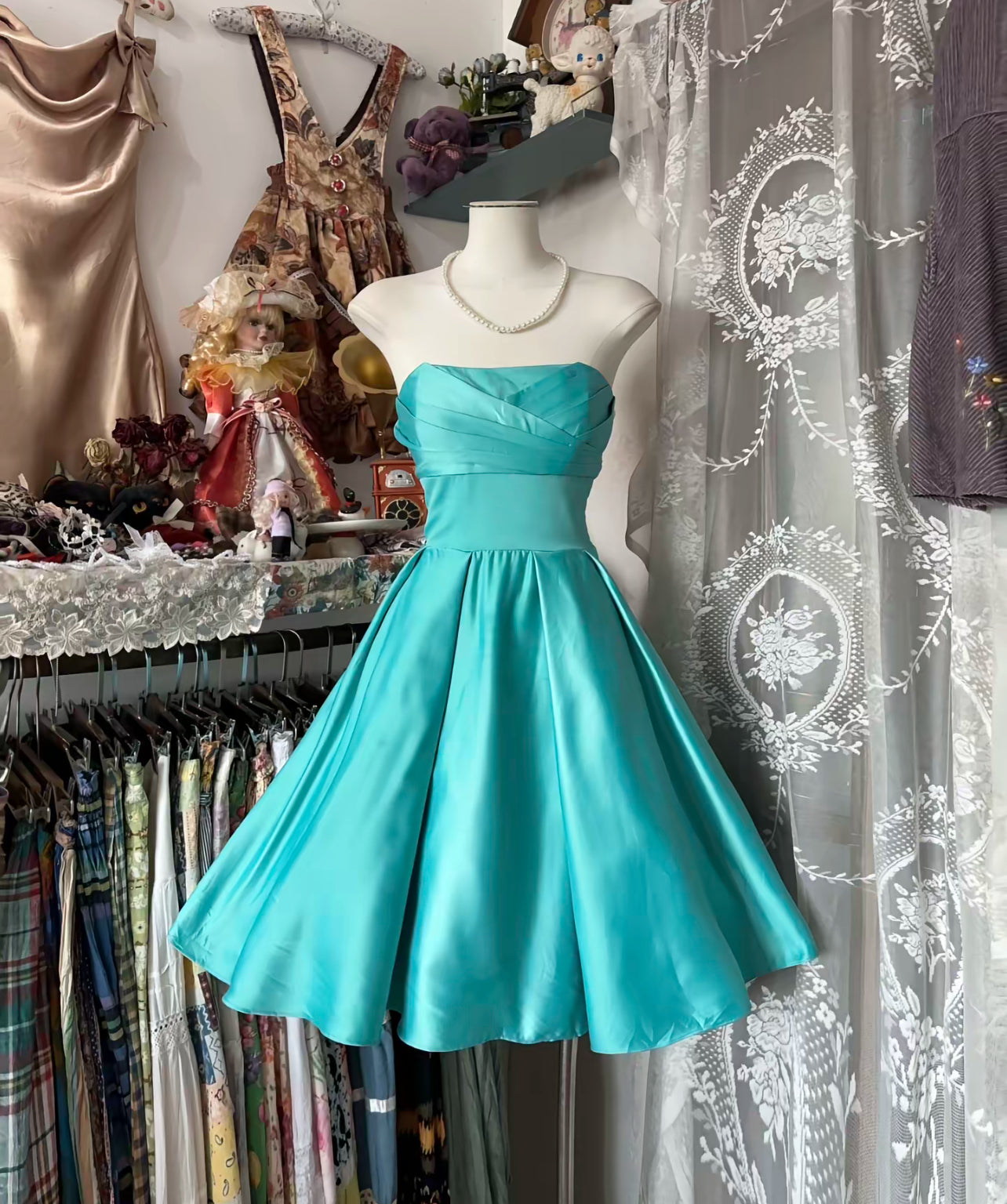 Trägerloses A-Linien-Heimkehrkleid in Blau, kurzes Partykleid J8447