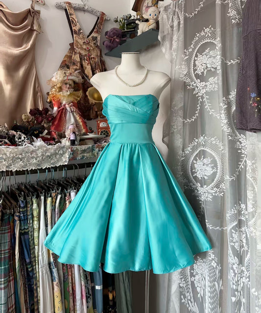 Trägerloses A-Linien-Heimkehrkleid in Blau, kurzes Partykleid J8447