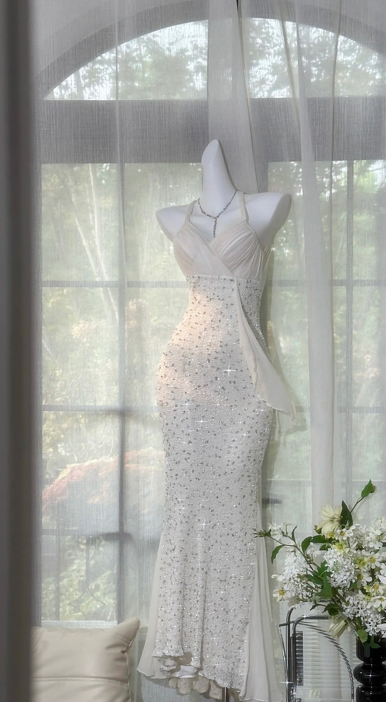 Backless Sequin Long Prom Dress Ivory Sexy Evening Dress J8833