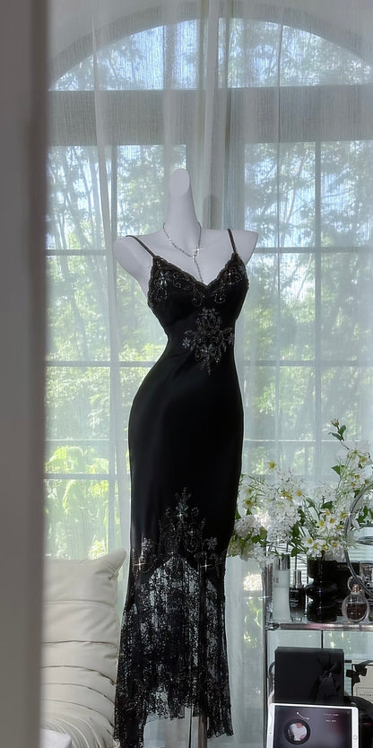 Spaghettiträger Meerjungfrau Schwarzes Ballkleid Spitze Abendkleid J7257