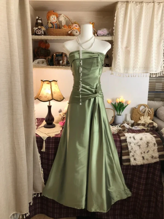 Strapless Green Satin Long Prom Dress Vintage Birthday Party Dress J8265