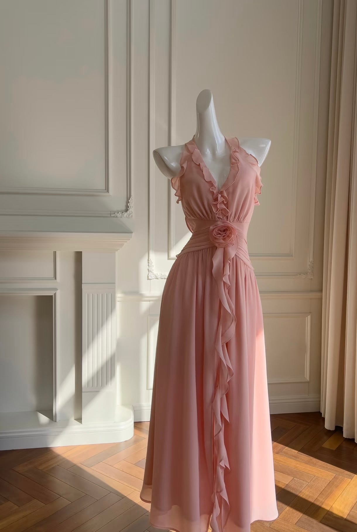 Robe de soirée rose à volants et col en V, coupe trapèze, dos nu, robe de bal J7167
