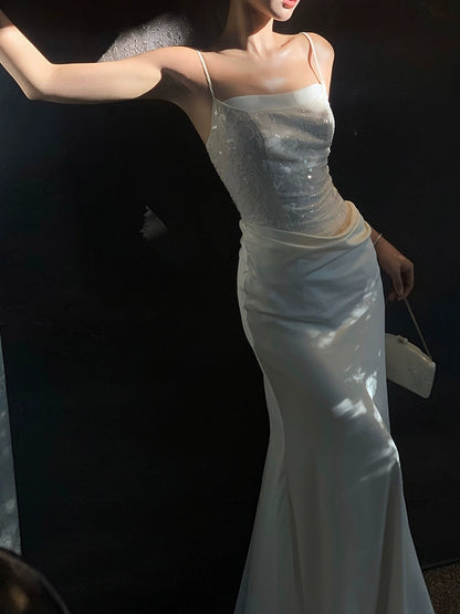 White Sheath Long Prom Dress Sequin Spaghetti Straps Evening Dress J8611