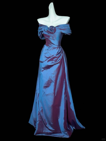 Off The Shoulder A Line Blue Long Prom Dress Vintage Evening Gowns J8649