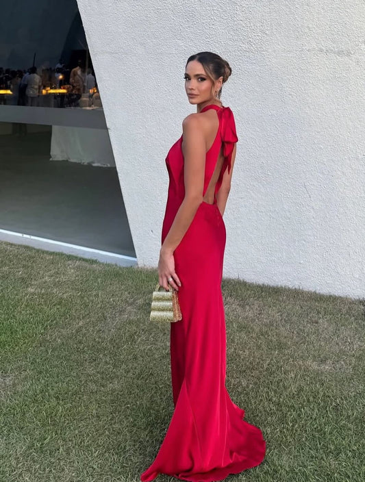 Red Mermaid Satin Evening Dress Backless Formal Party Dress J7408