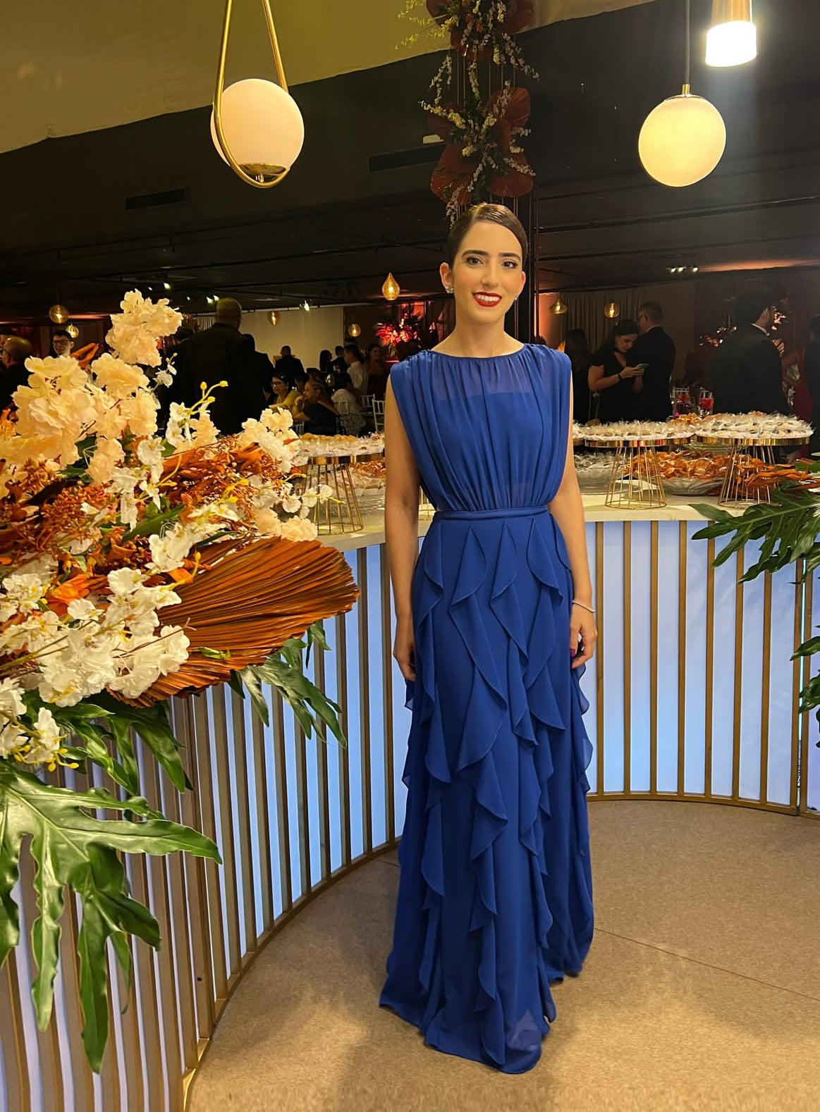 Chiffon Rüschen A-Linie Blau Hochzeitsgastkleid Formelles Partykleid J7197