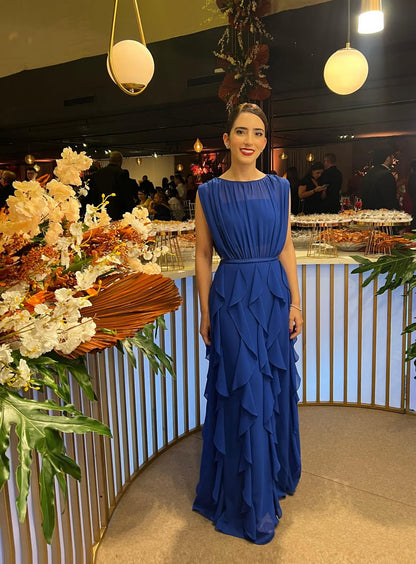 Chiffon Rüschen A-Linie Blau Hochzeitsgastkleid Formelles Partykleid J7197