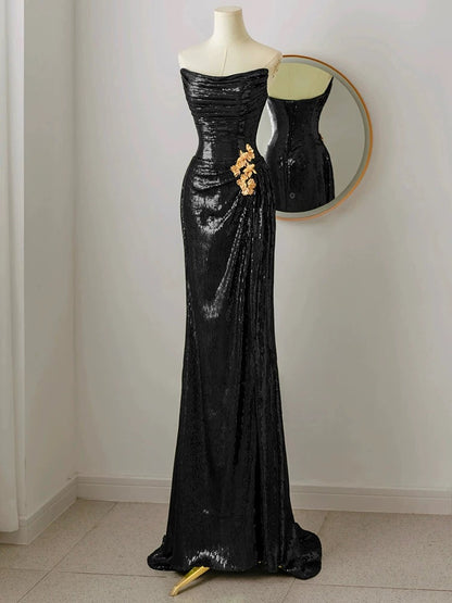 Robe de soirée noire bustier à sequins J7099