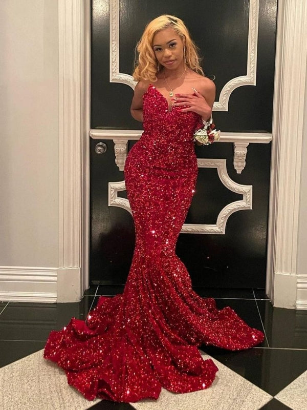 Red Mermaid Sweetheart Sequins Long Prom Dresses Sparkle Evening Dress J8459