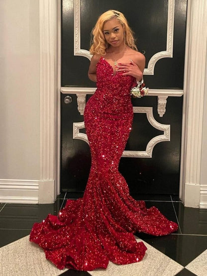 Red Mermaid Sweetheart Sequins Long Prom Dresses Sparkle Evening Dress J8459