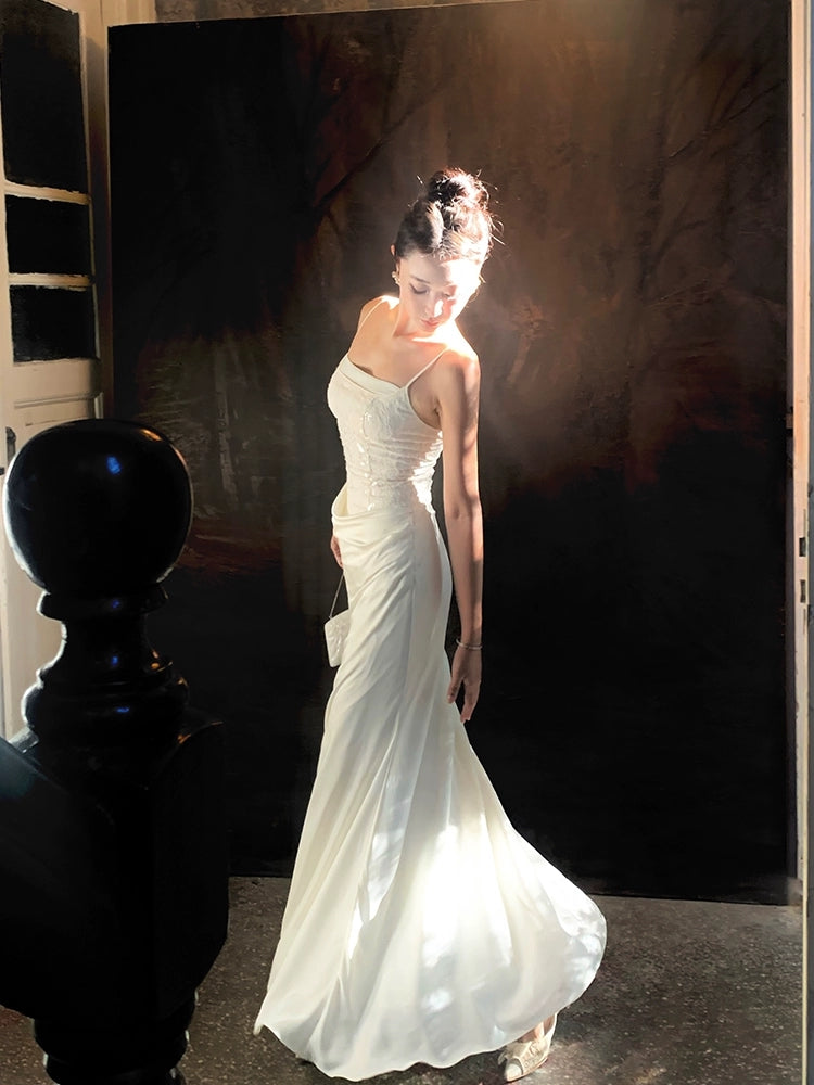 White Sheath Long Prom Dress Sequin Spaghetti Straps Evening Dress J8611