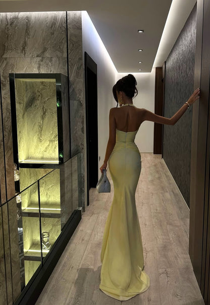 Halfter Meerjungfrau Gelb Abendkleid Formale Party Ballkleid J7083