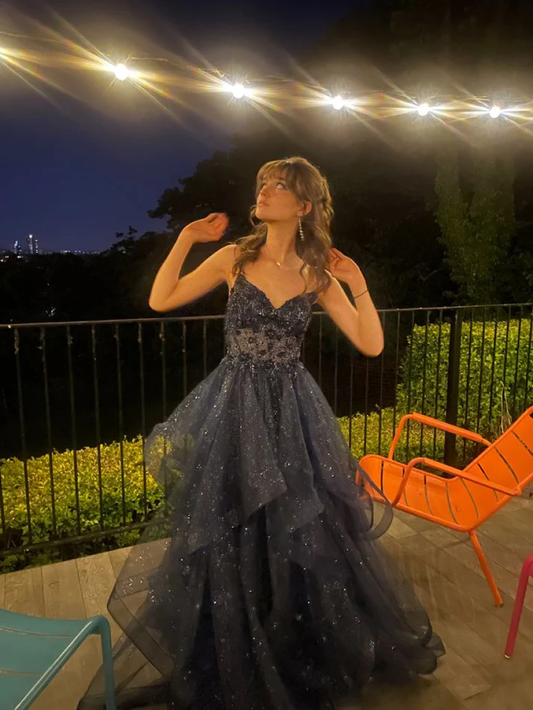 Funkelndes Tüll A-Linie Langes Ballkleid Abend Partykleider J7422