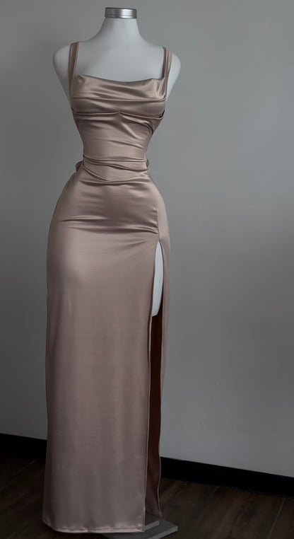 Satin Long Prom Dress Sexy Evening Dress With Slit J8596