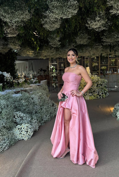 Strapless Pink A Line Prom Dress Satin Wedding Guest Dress J7651