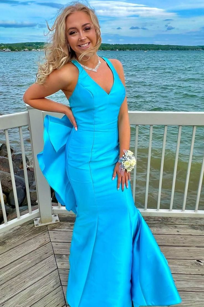 Robe de soirée longue sirène bleue à col en V en satin J5764 