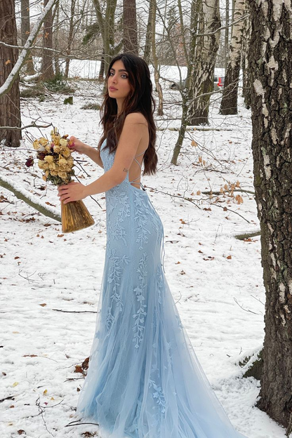 Hellblaues Meerjungfrau-Abschlussballkleid mit Spitze, langes Partykleid J5765 