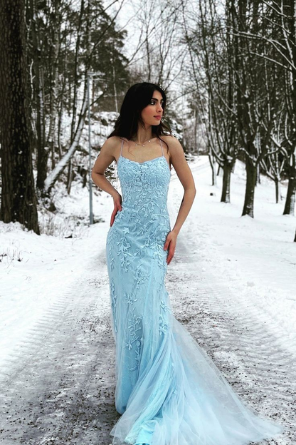 Hellblaues Meerjungfrau-Abschlussballkleid mit Spitze, langes Partykleid J5765 