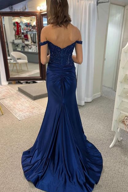 Off Shoulder Navy Blue Mermaid Long Prom Dress Slit Party Dress J5766