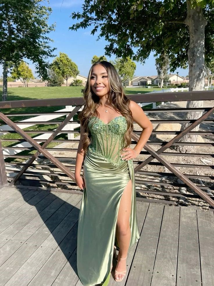 Grünes Meerjungfrau-Ballkleid mit Schlitz, langes Partykleid J5787 