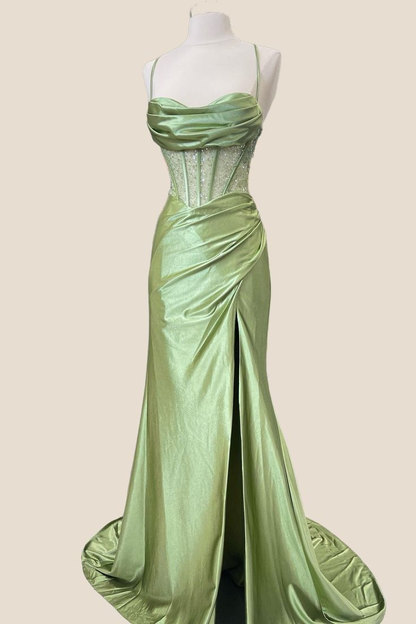 Grünes Satin-Ballkleid mit Schlitz, formelles Partykleid J5768 