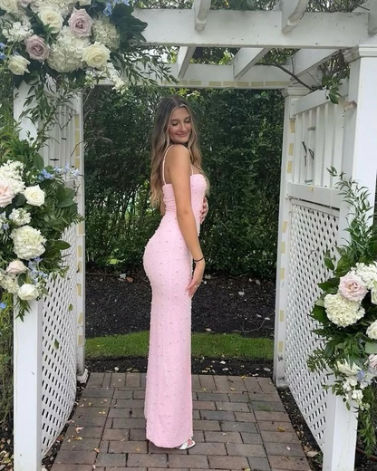 Pink Mermaid Beads Prom Dress Slit Formal Party Dress J5774