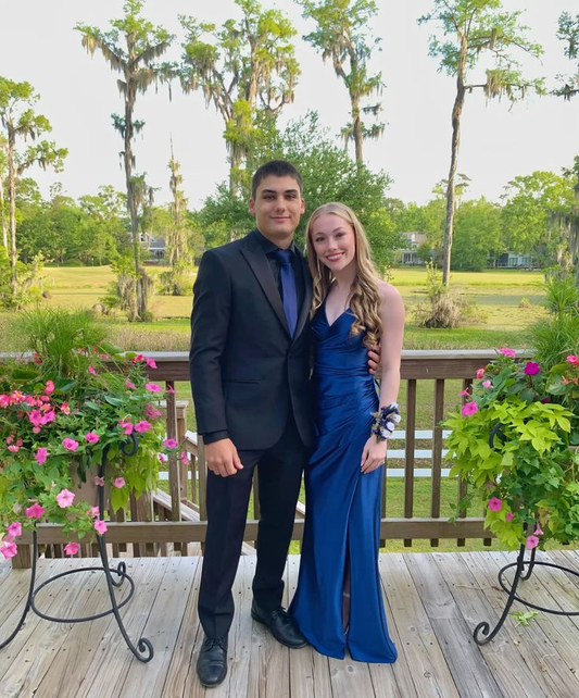 V Neck Blue Mermaid Prom Dress Slit Formal Party Dress J5777