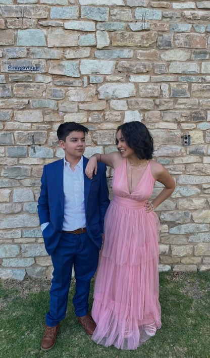 Rosa Ballkleid mit tiefem V-Ausschnitt, Tüll, formelles Partykleid J5780 