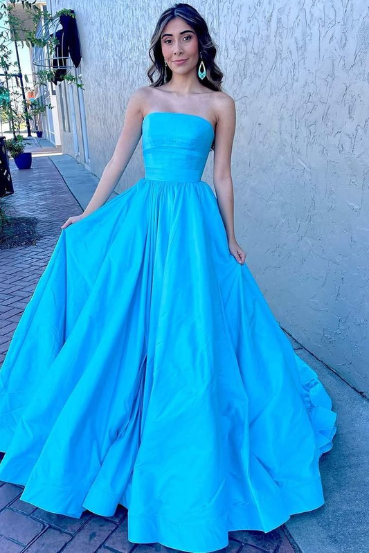 Trägerloses A-Linien-Ballkleid in Blau, formelles Partykleid J5786 