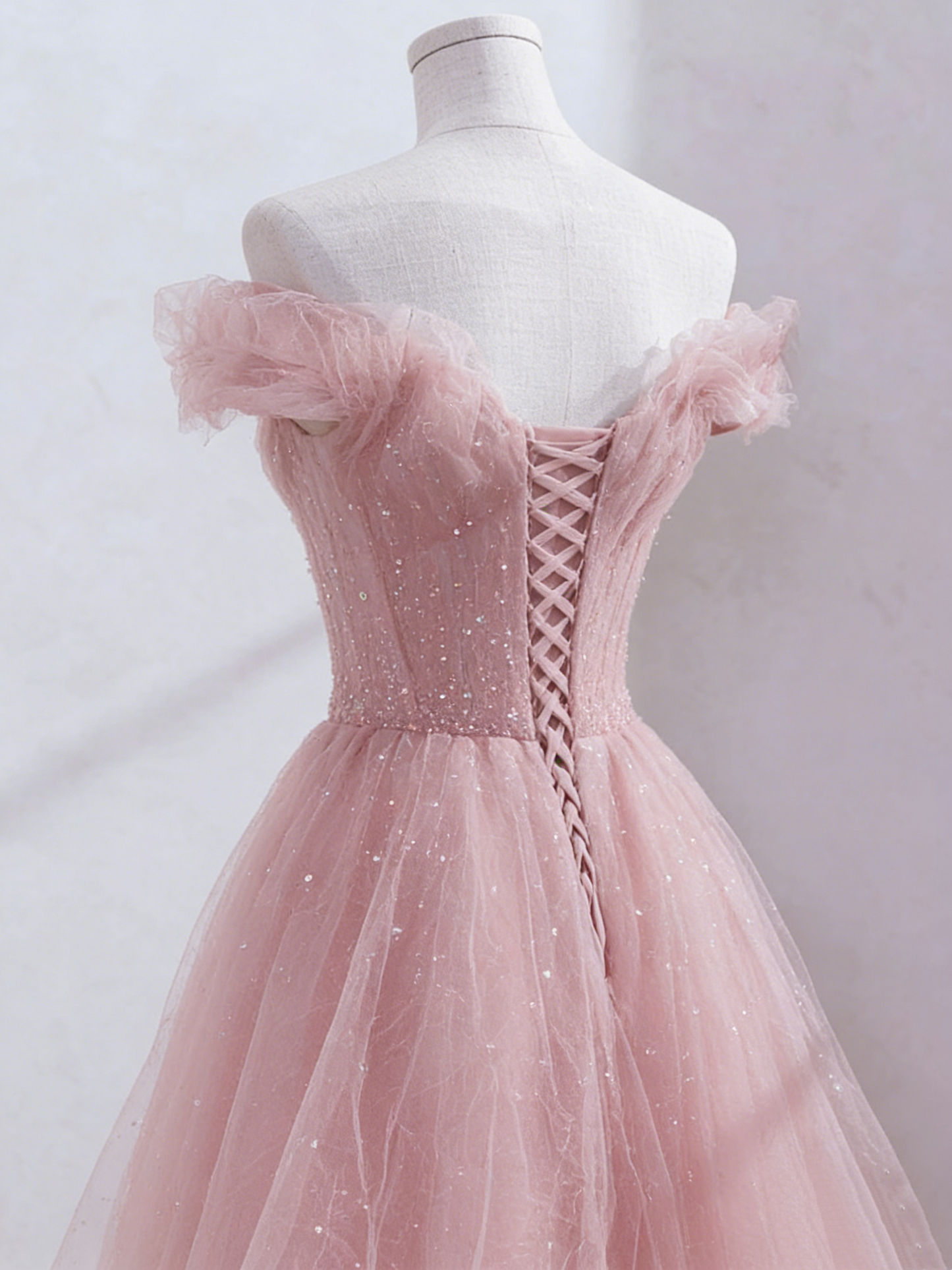 Pink Tulle Fairy Long Prom Dress Off Shoulder Sweet Evening Gown 580