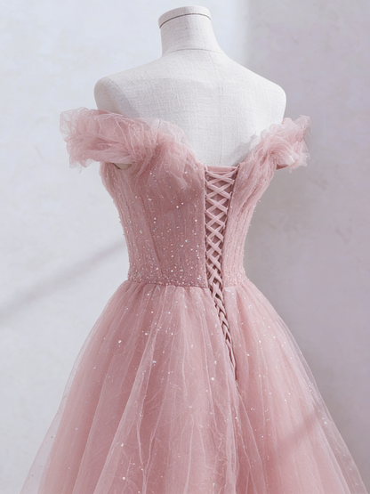 Pink Tulle Fairy Long Prom Dress Off Shoulder Sweet Evening Gown 580