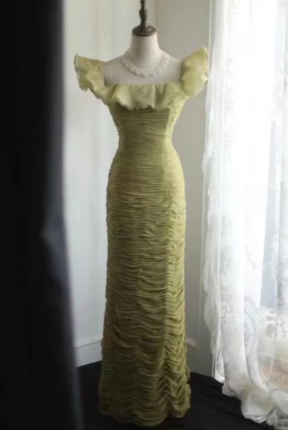 Robe de bal longue verte à volants et épaules dénudées, robe de soirée plissée J8806