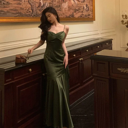 Mermaid Green Satin Long Prom Dresses Birthday Outfit J5851