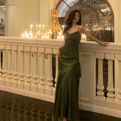 Mermaid Green Satin Long Prom Dresses Birthday Outfit J5851