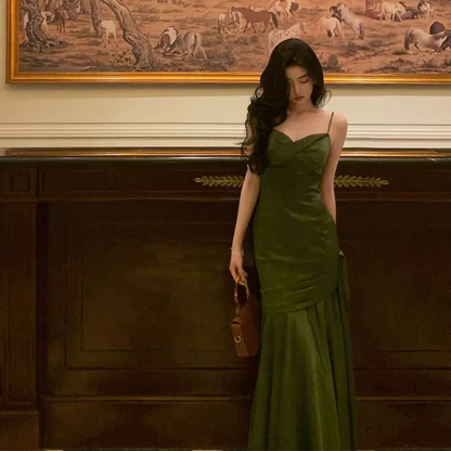 Mermaid Green Satin Long Prom Dresses Birthday Outfit J5851