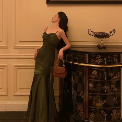 Mermaid Green Satin Long Prom Dresses Birthday Outfit J5851