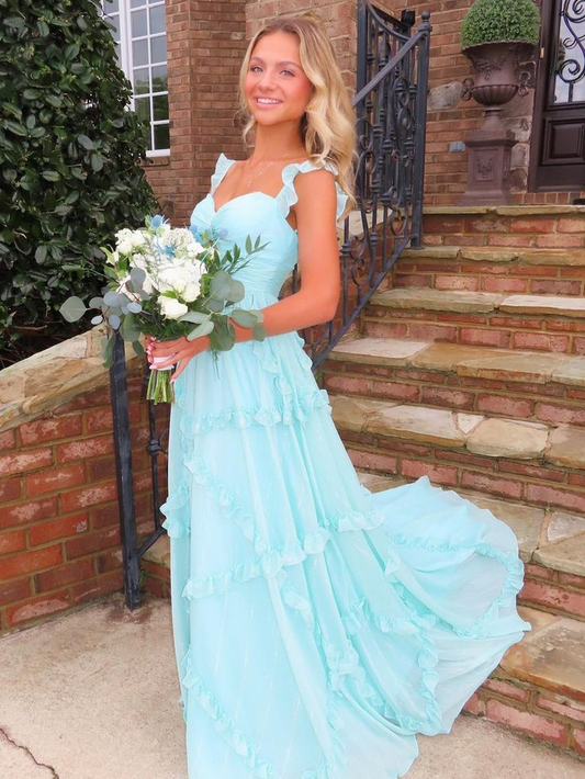 A Line Sky Blue Chiffon Ruffles Long Prom Dress J5853