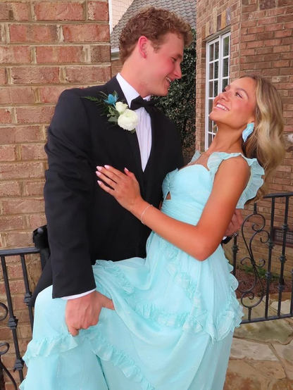 A Line Sky Blue Chiffon Ruffles Long Prom Dress J5853