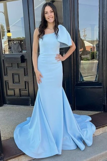Robe de soirée sirène bleu ciel à une épaule J5856