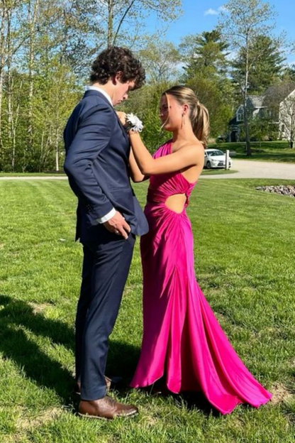 One Shoulder Fuchsia Ruched Mermaid Long Dress J5867