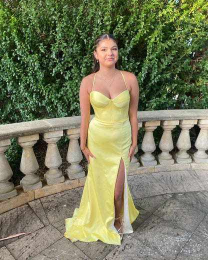 Gelbes Meerjungfrau-Ballkleid mit Schlitz, formelles Abendkleid, Partykleid J5871