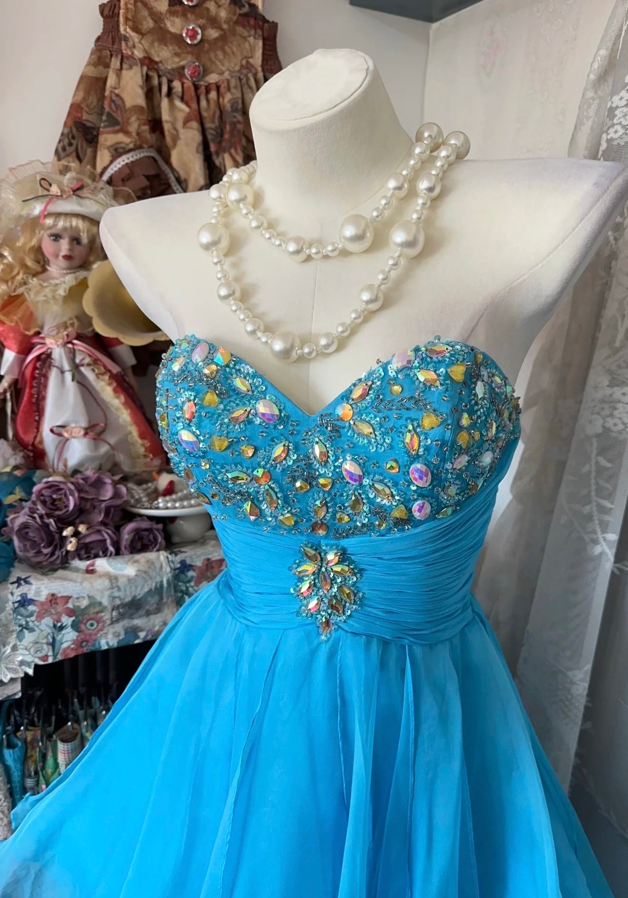 Sweetheart Blue A Line High Low Prom Dress Beaded Evening Dress J8832