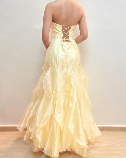 Strapless Yellow A Line Ruffle Prom Dress Formal Party Gown J5880