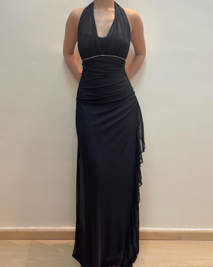 Neckholder Schwarz Etuikleid mit Rüschen Ballkleid Vintage Abendkleid J5886