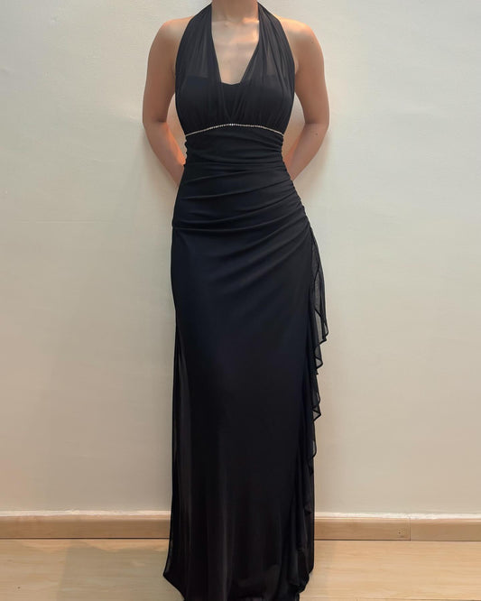 Neckholder Schwarz Etuikleid mit Rüschen Ballkleid Vintage Abendkleid J5886